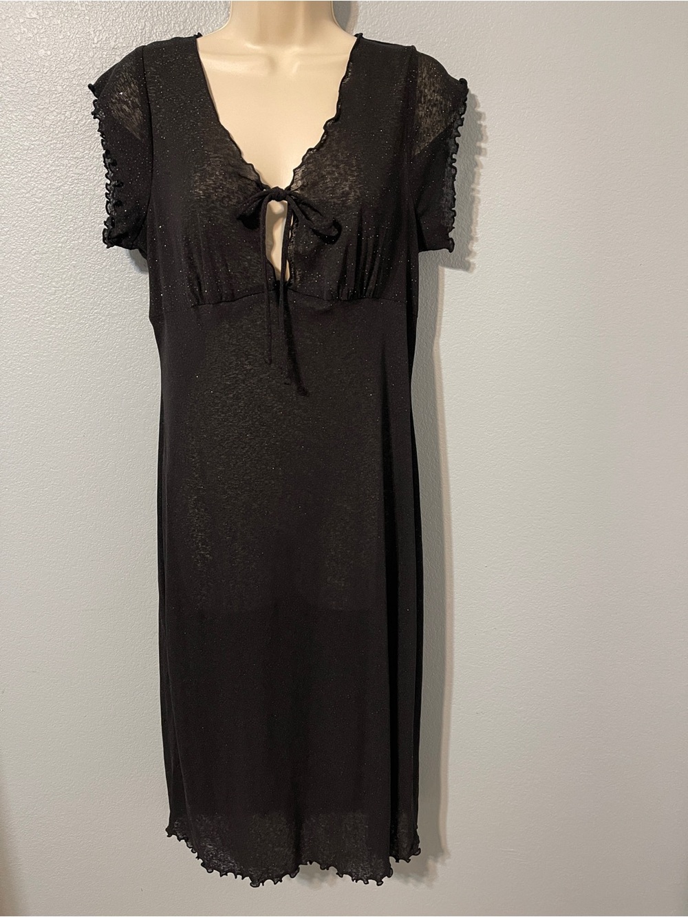 Black Sheer Sparkly Midi Dress Tie Front Lettuce Hem Y2K Fairy Grunge Goth Small